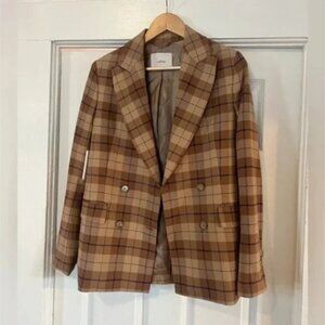 New Aritzia Wilfred Margaux Tan Brown Check Plaid Oxford Double Breasted Blazer